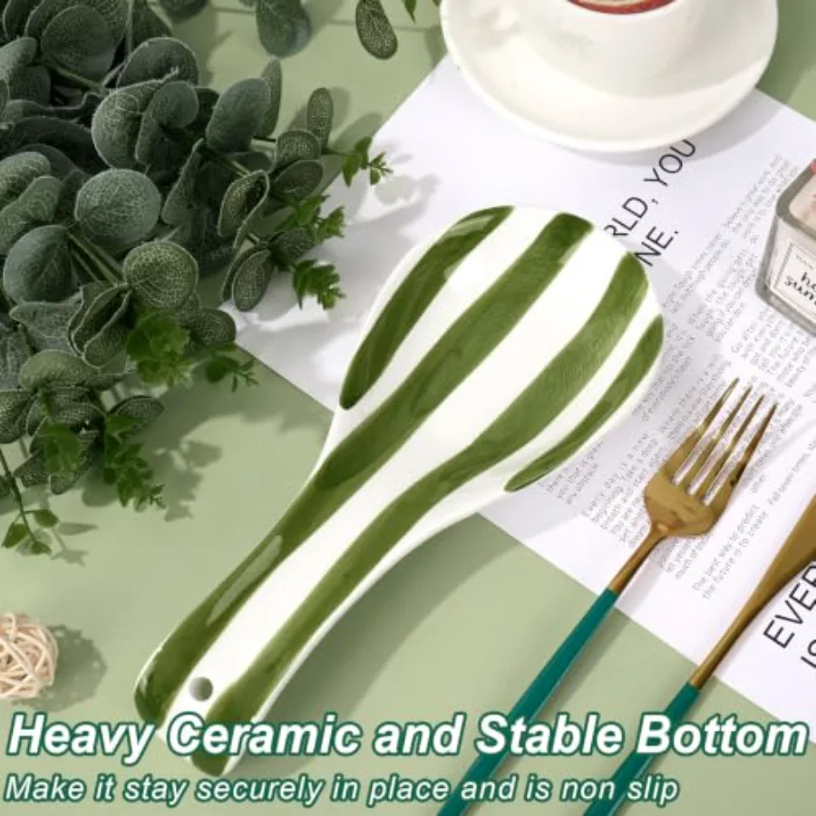 9.3 Inch Striped Spoon Rest, Sage Green & Beige, view 3