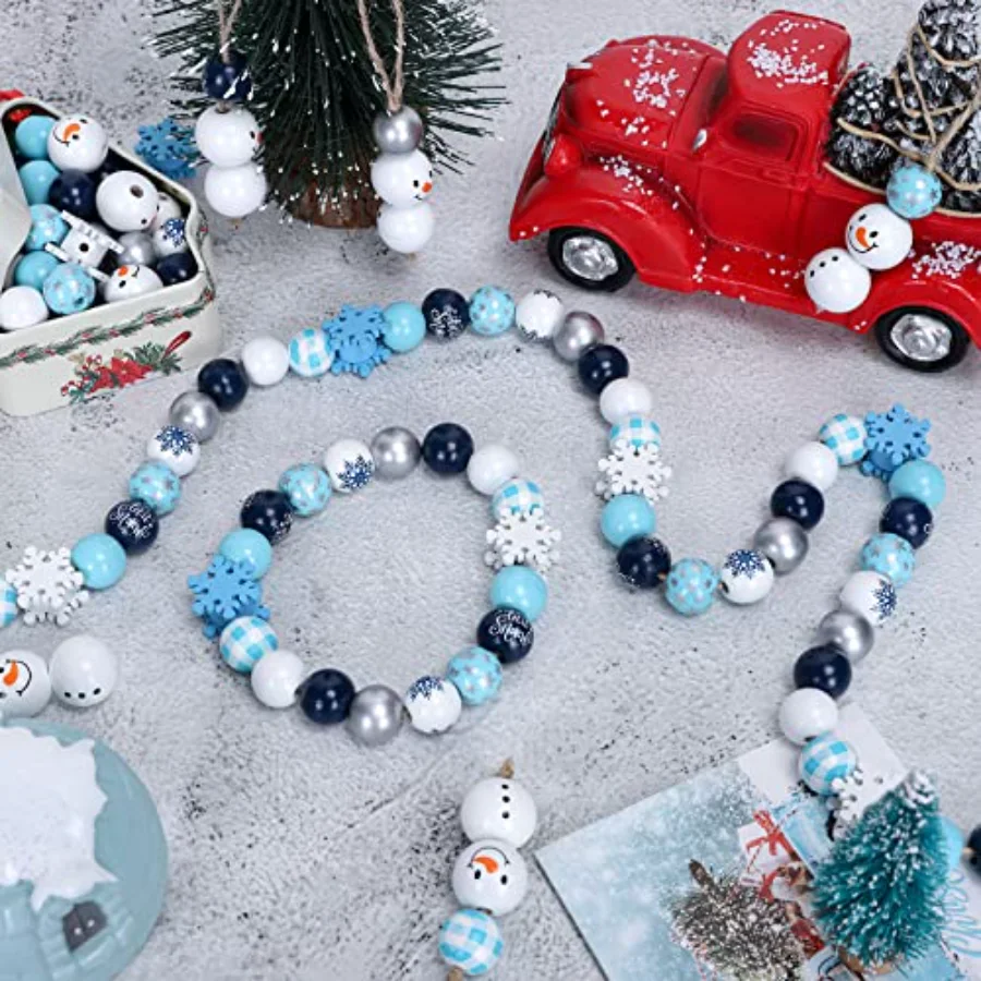 210Pcs Blue Wooden Beads Winter Snowman Wood Beads with Hemp Rope, view 4