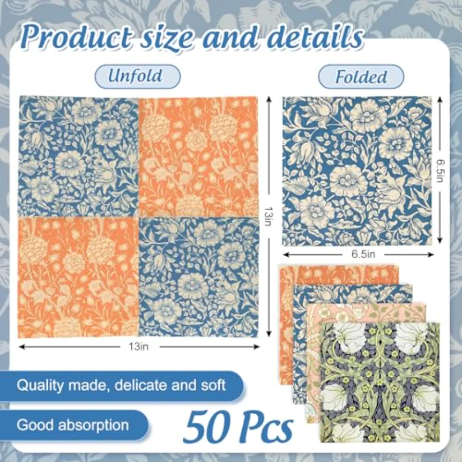 50Pcs Vintage Floral Paper Napkins, view 2