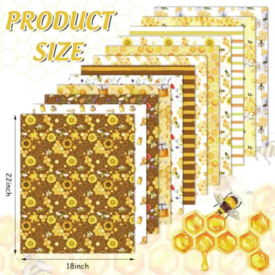 12 Pcs Summer Cotton Fabric Bundles Watercolor Bee Honeycomb Sunflower Fat, view 2