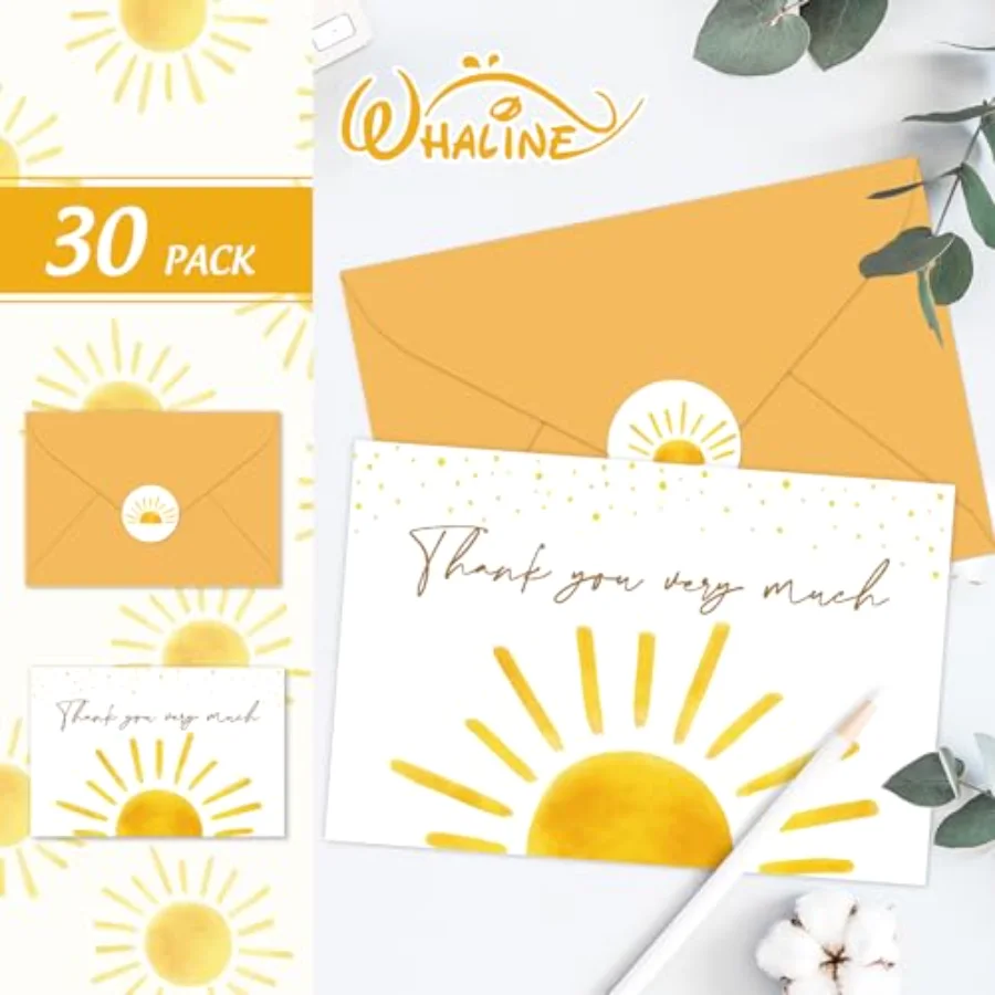 30 Pack Baby Shower Thank You Cards with Envelopes Stickers Boho Sun, view 3