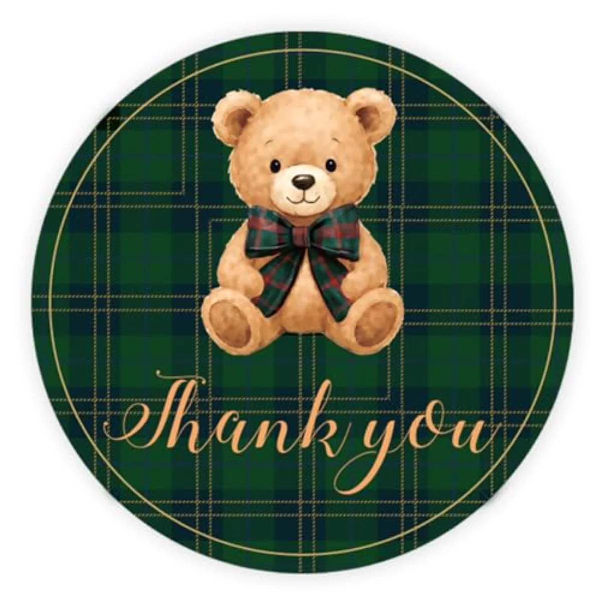 60Pcs Baby Shower Thank You Stickers 2 Inch Green Tartan Plaid Bear Round