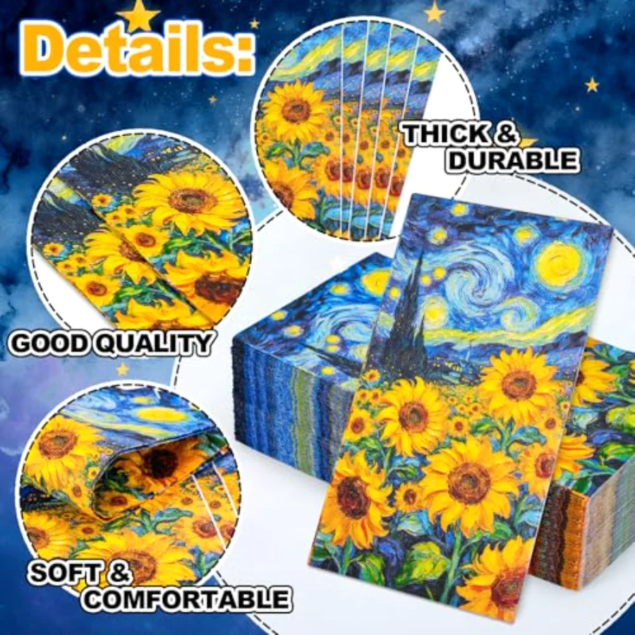 50 Pcs Starry Night Sunflower Guest Napkins Disposable Napkins Van Gogh, view 3