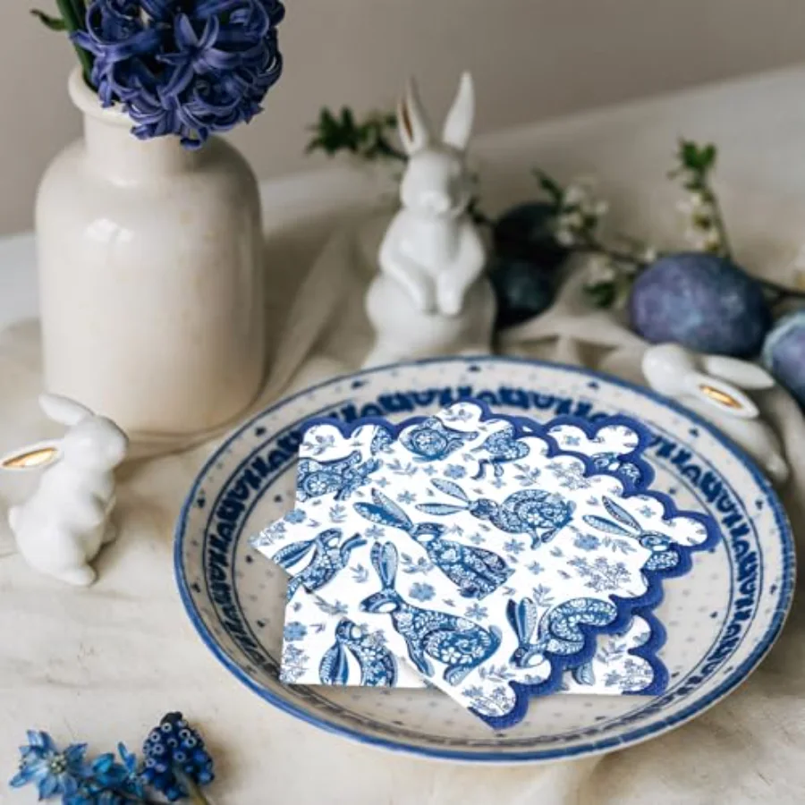 100 Pcs Easter Scalloped Cocktail Napkin Blue Chinoiserie Floral Bunny, view 4