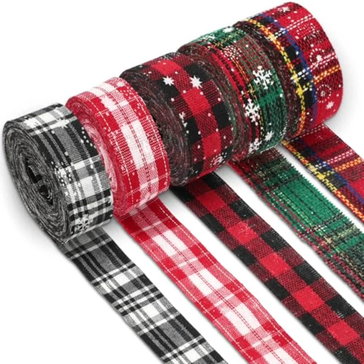 5 Rolls 30 Yard Christmas Burlap Ribbon - 1 Inch Snowflake Plaid for Gift