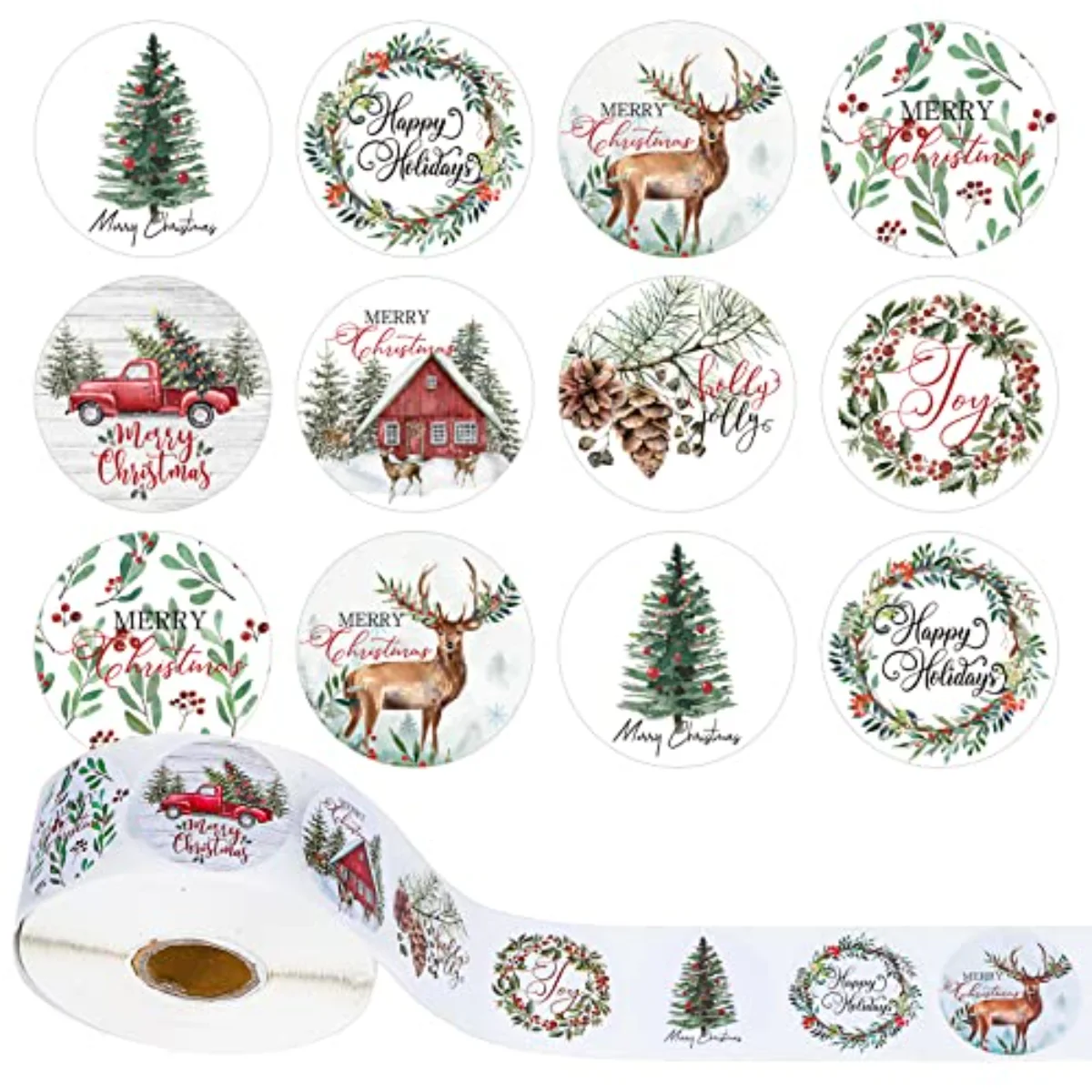 1000Pcs Christmas Stickers 1.5Inch Assorted Round Sticker in Roll Rustic