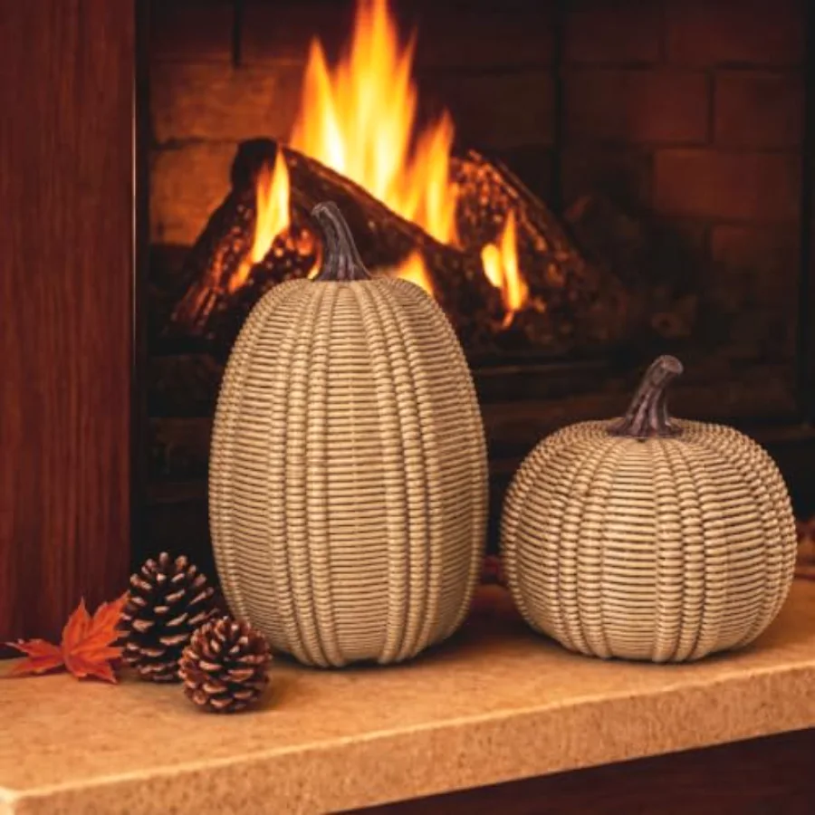 Fall Thanksgiving Pumpkin Decoration 2Pcs Artificial Rattan Resin Pumpkins, view 4