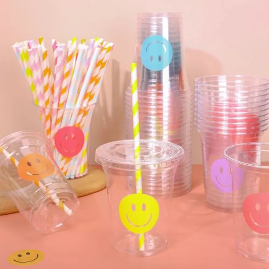 60 Pcs Smile Face Disposable Plastic Cups with Lids and Straws 12 oz, view 4
