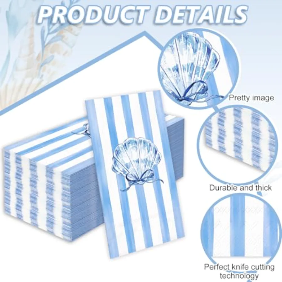 50 Pcs Ocean Stripe Guest Napkins Paper Napkins Watercolor Blue Bow Stripe, view 3