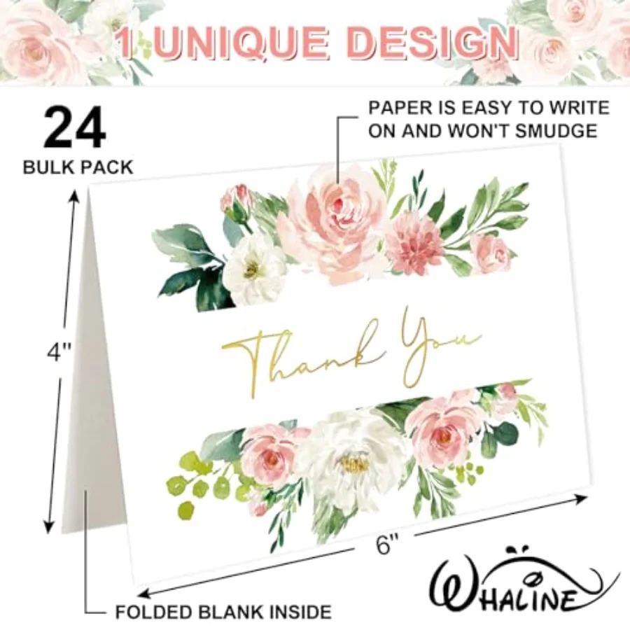 24 Pack Floral Thank You Cards Bulk Watercolor Pink Flower Foil Gold Thank, view 2