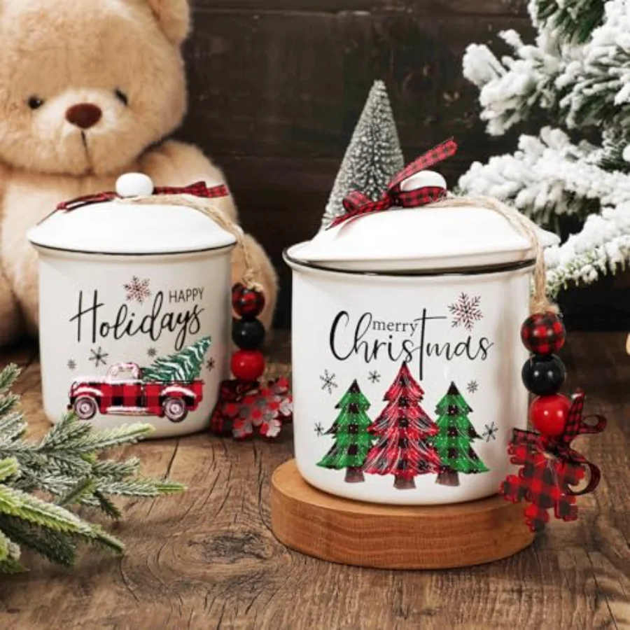 2Pcs Christmas Mini Ceramic Canister Red Green Plaid Xmas Tree Truck, view 4