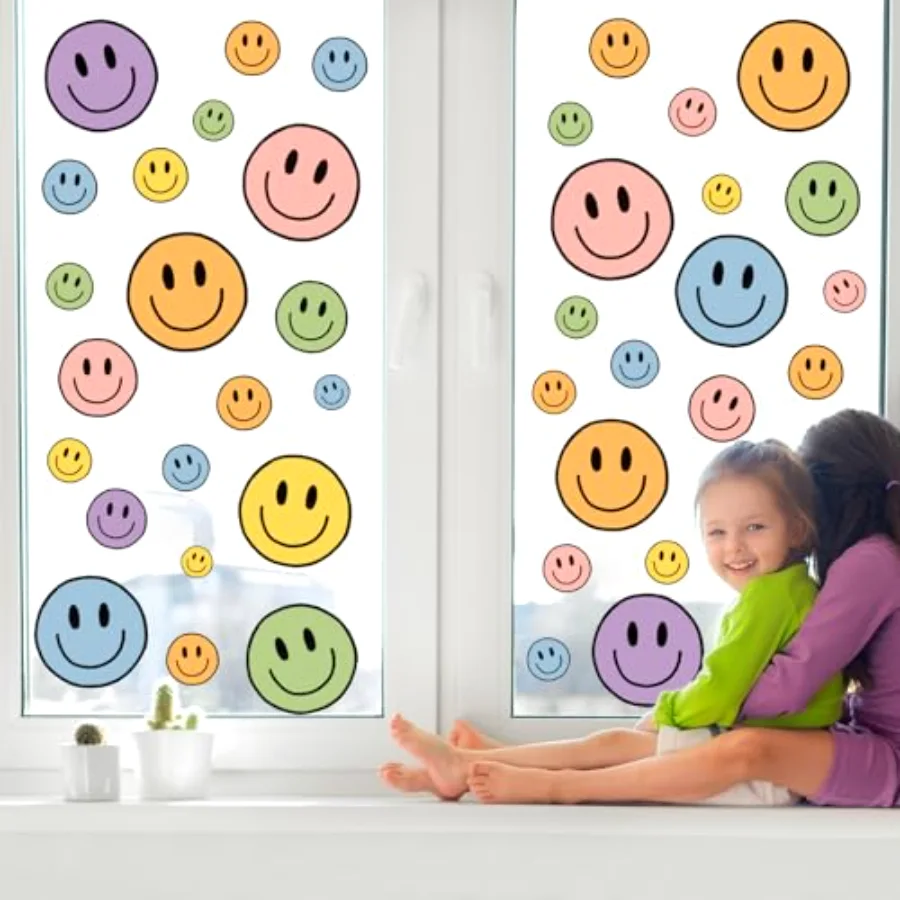 9 Sheet Smile Face Window Clings Happy Face Window Decals Boho Pastel, view 4