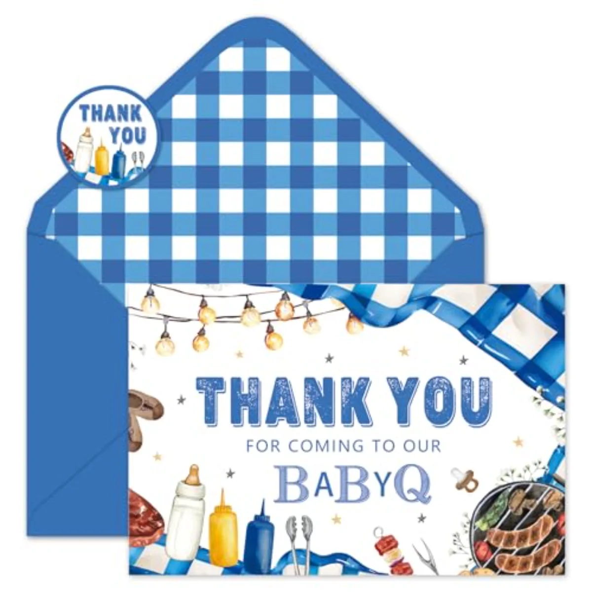 24 Pack Baby Q Baby Shower Thank You Card Blue BBQ Greeting Cards with