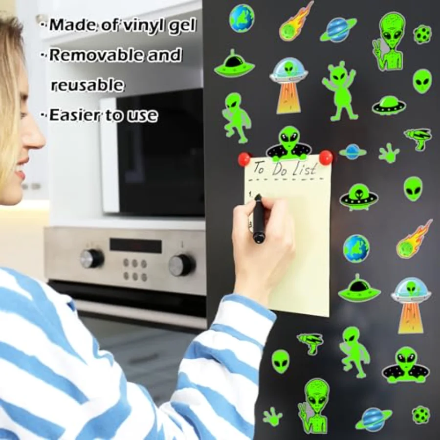 34Pcs Halloween Alien Thick Gel Clings Green Alien Flying Saucer UFO, view 4
