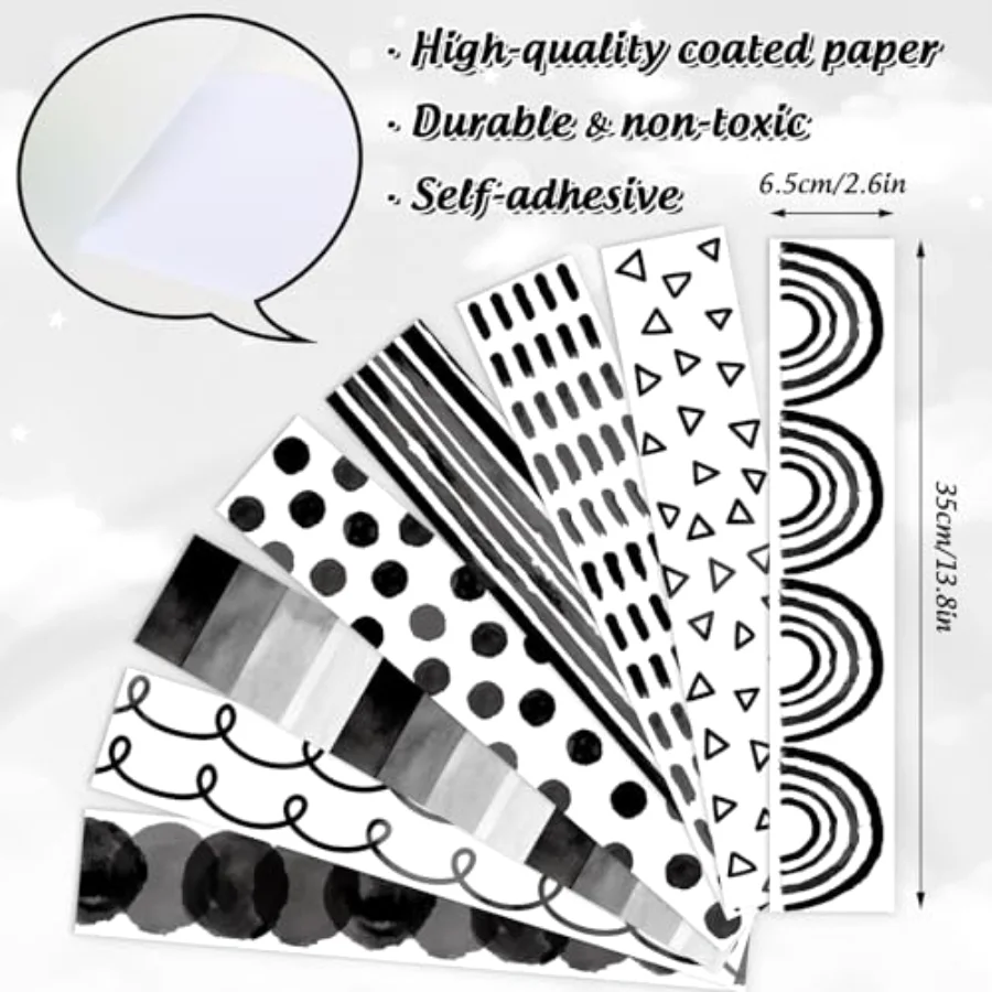 82 Ft Black White Bulletin Board Borders Rainbow Dot Pattern Adhesive Trim, view 2