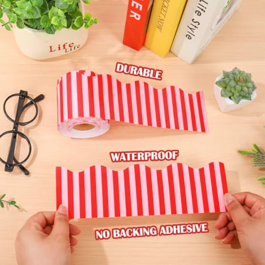 65.6Ft Red Pink Stripe Scalloped Bulletin Board Border Cabana Stripe Die, view 3