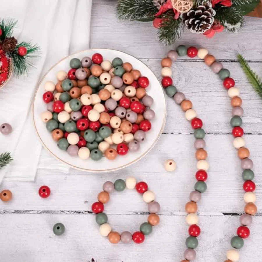240Pcs Christmas Wooden Beads Vintage Red Green Beige Round Loose Bead, view 4
