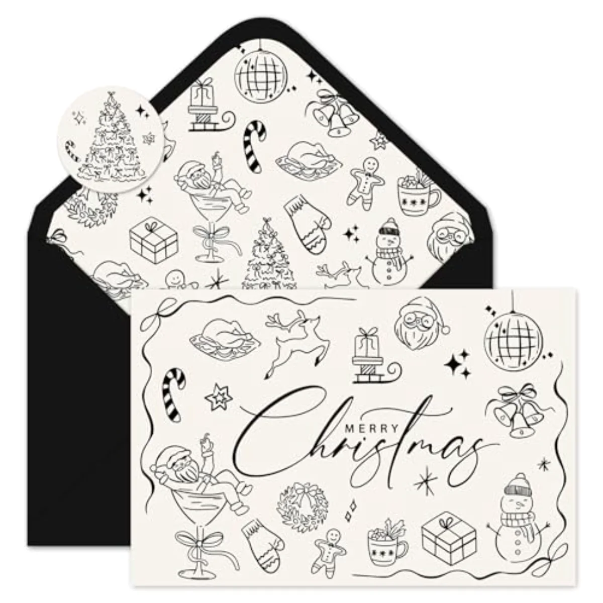 24 Pack Merry Christmas Cards Bulk Black Santa Snowman Greeting Cards