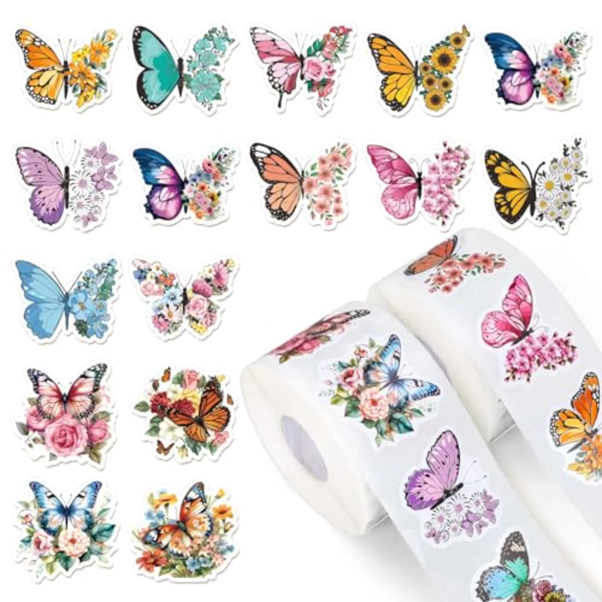 1000Pcs Butterfly Flower Stickers Roll Spring Floral Colorful Paper Decals