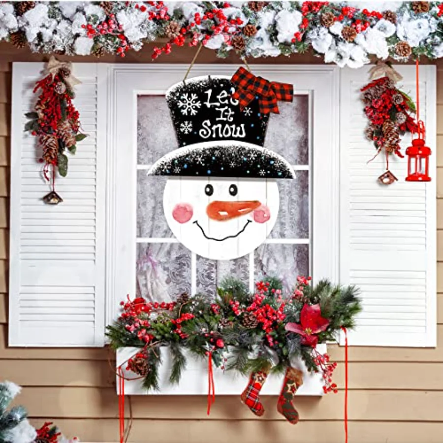 Large Christmas Snowman Wooden Hanging Sign Winter Welcome Door Sign with, view 3