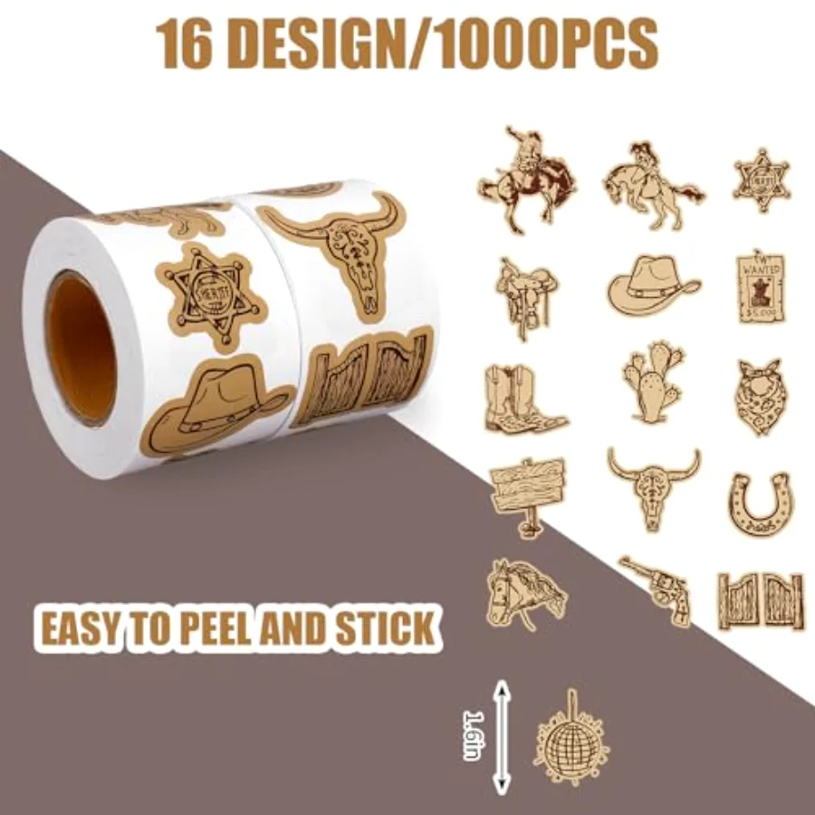 1000Pcs Western Cowboy Sticker Roll Brown Wild West Decals 16 Design Rodeo, view 2