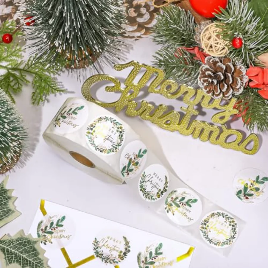 1000Pcs Merry Christmas Gold Foil Stickers Roll Holly Berry Watercolor, view 3