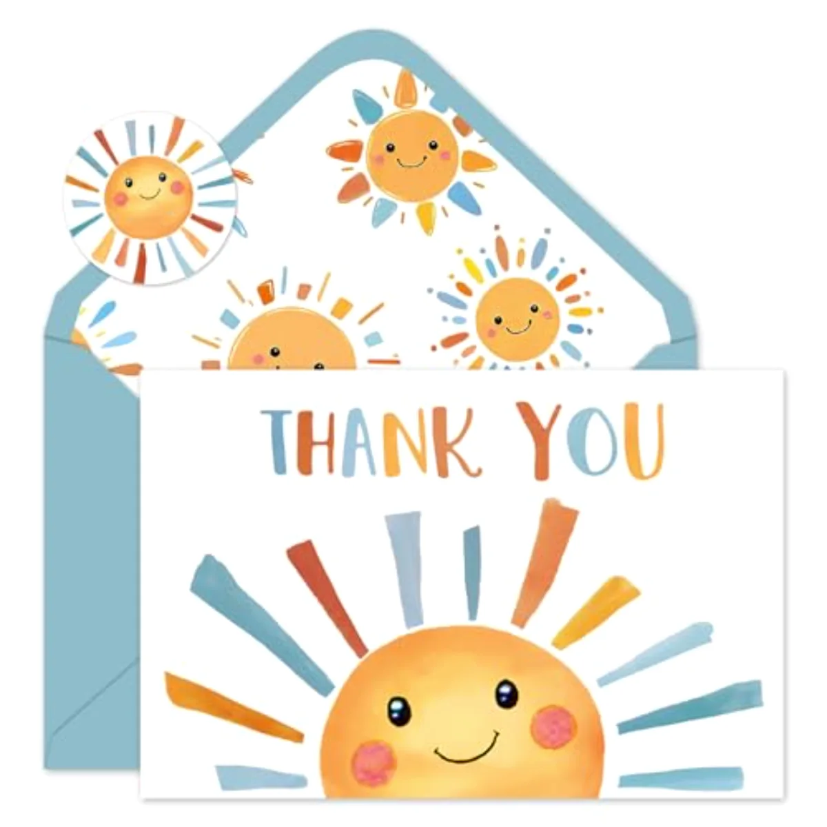 24 Pack Boho Sun Thank You Cards Blue Brown Sunshine Note Card with
