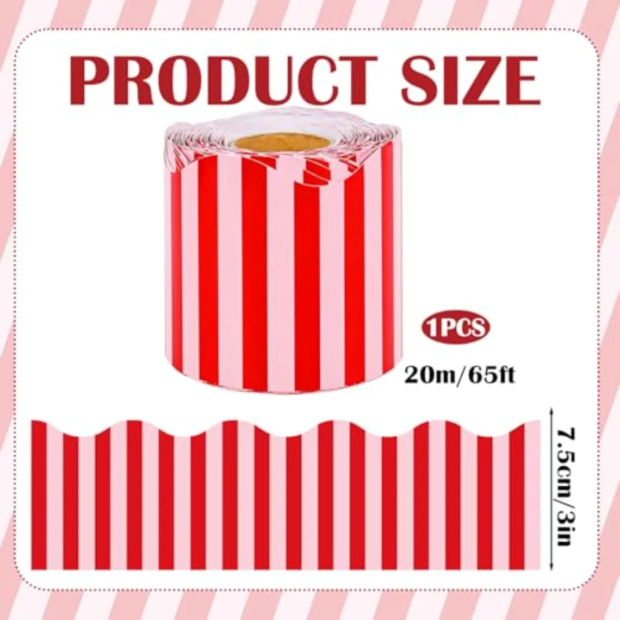 65.6Ft Red Pink Stripe Scalloped Bulletin Board Border Cabana Stripe Die, view 2