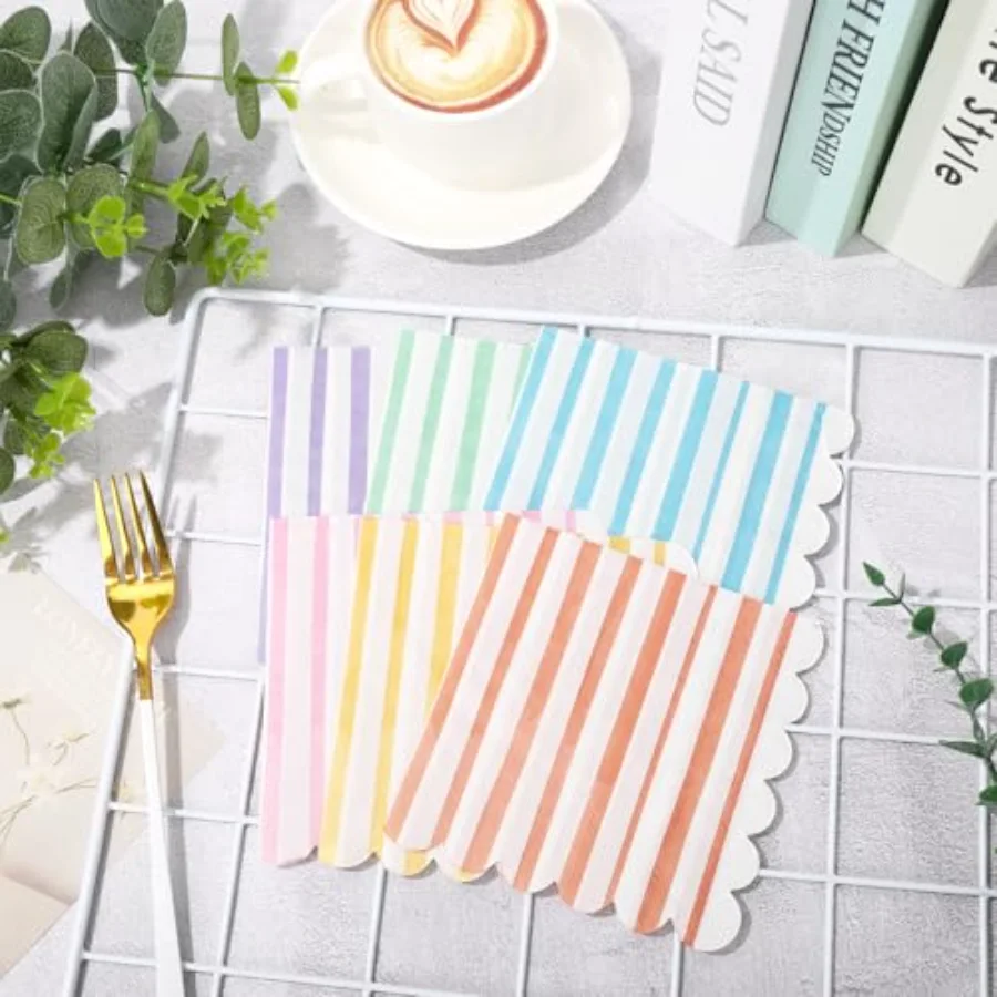 120 Pcs Scalloped Pastel Cocktail Napkins 6 Mixed Stripe Ice Cream Paper, view 3