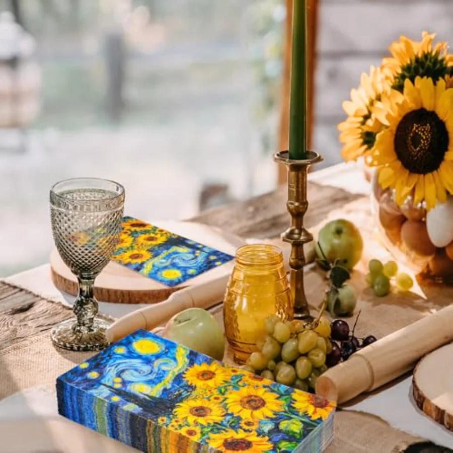 50 Pcs Starry Night Sunflower Guest Napkins Disposable Napkins Van Gogh, view 4