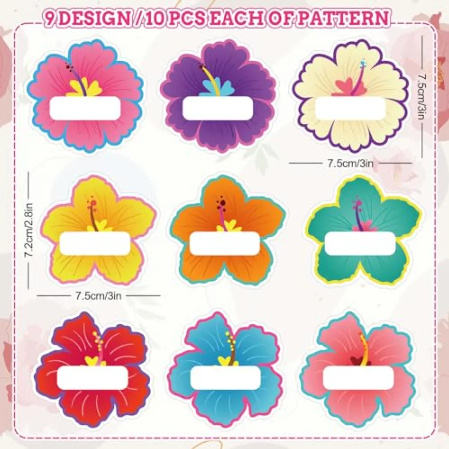 90Pcs Hibiscus Flower Name Tag Stickers Colorful Floral Blank Nameplate, view 2