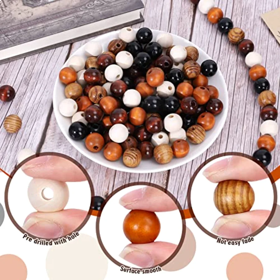 240Pcs Farmhouse Rustic Fall Wood Beads Natural Round Wooden Beads, view 3