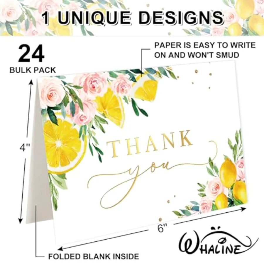 24 Pack Lemon Floral Thank You Cards Pink Flower Yellow Lemon Thank You, view 2