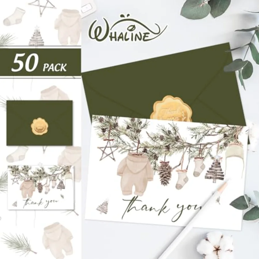 50 Pack Winter Baby Shower Thank You Cards Bulk Boxed Christmas Blank Note, view 3