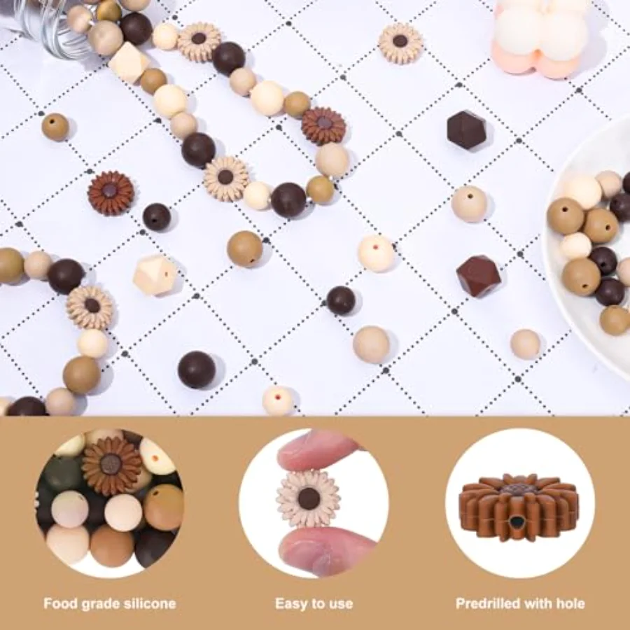 100Pcs Daisy Flower Silicone Beads with Elastic Rope Brown Round Hexagon, view 3