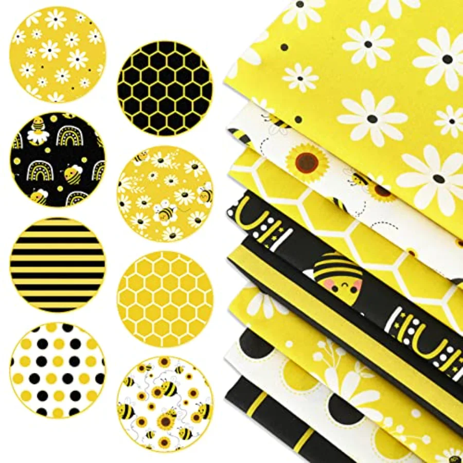8Pcs Summer Cotton Fabric Bundles 18 x 22 Inch Bee Daisy Boho Fat Quarters, view 3