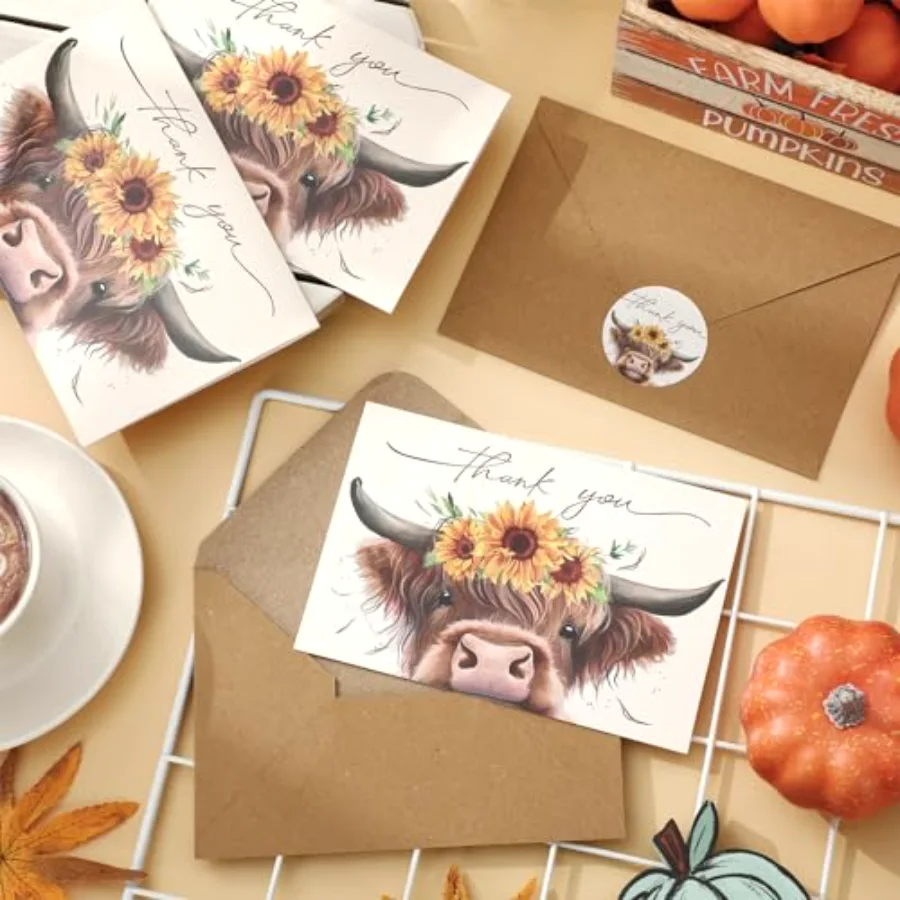 36Pcs Summer Highland Cow Thank You Cards with Envelope Stickers Brown Cow, view 3