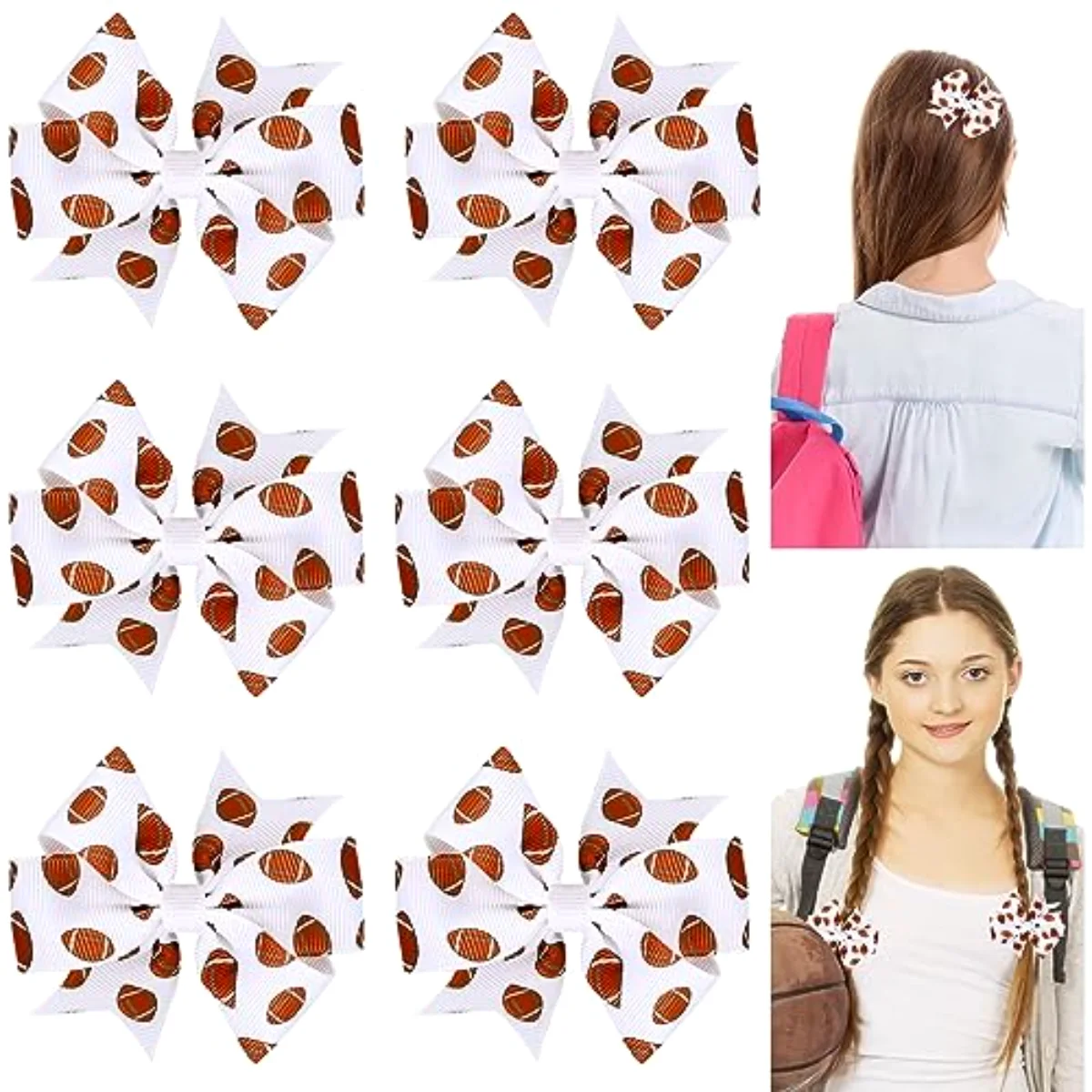 6Pcs Football Hair Bow Clips for Girls Football Printed Brown White Cheer