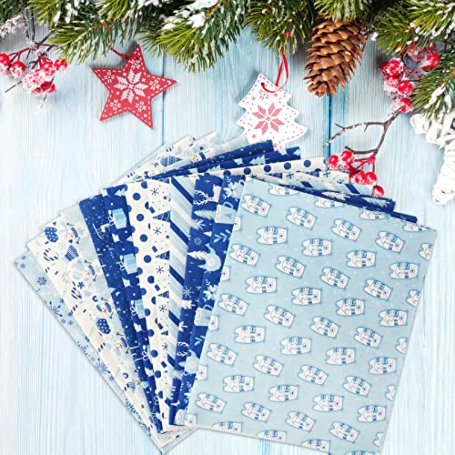 12Pcs 18" x 22" Christmas Fat Quarter Fabric Bundles Winter Blue White, view 4