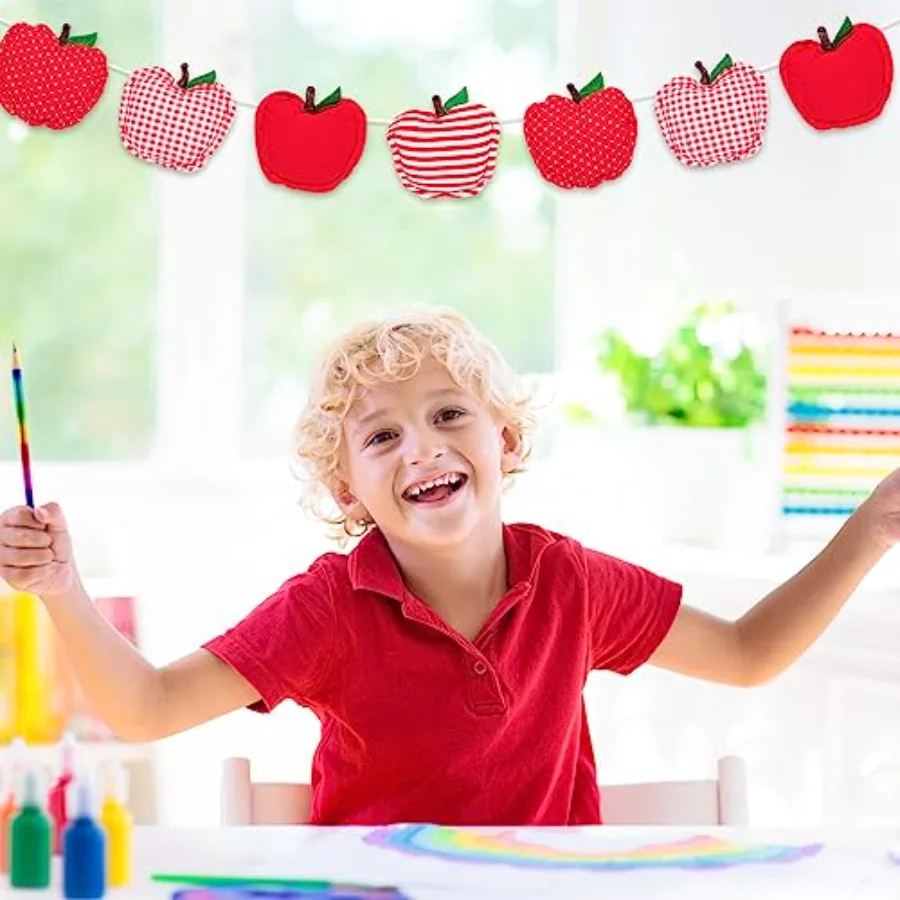 Back to School Banner 3D Apples Banner Garland Pre-Assembled Fabric Plaid, view 4