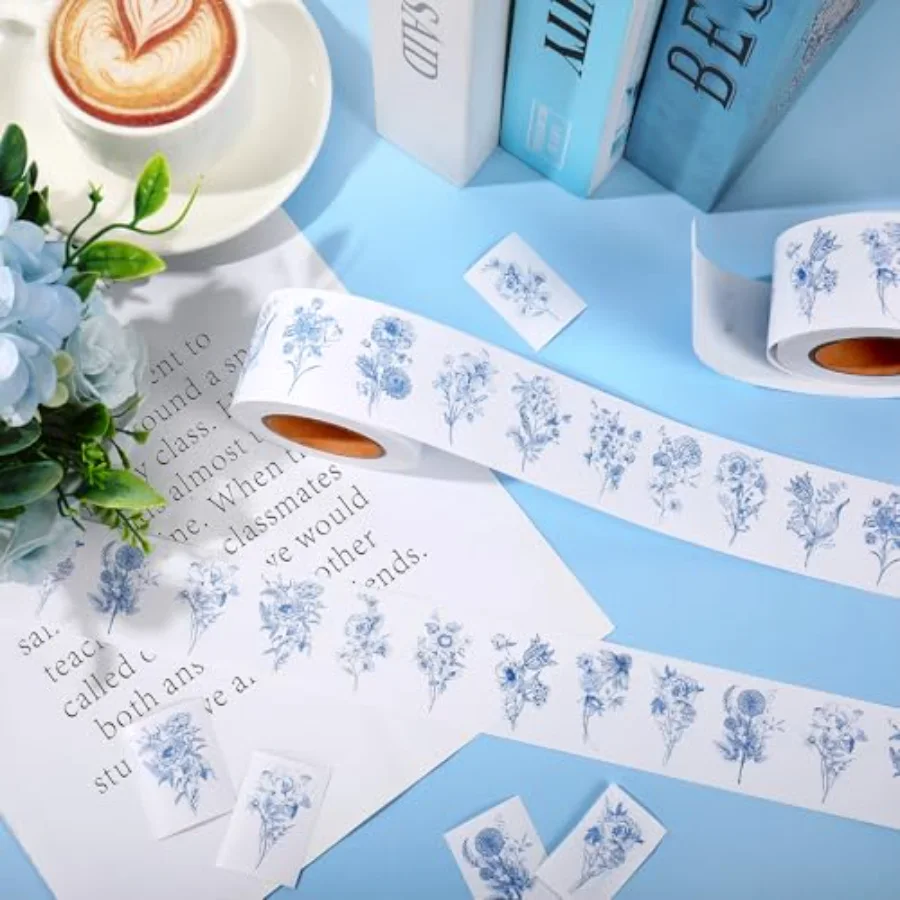 1000Pcs Blue Floral Sticker Seal Decals 8 Design Chinoiserie Flower, view 3