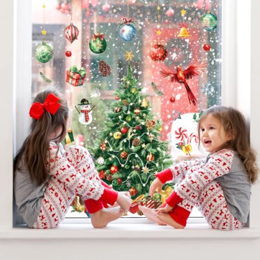 6 Sheet Large Christmas Window Clings Watercolor Xmas Tree Cardinal Bird, view 3