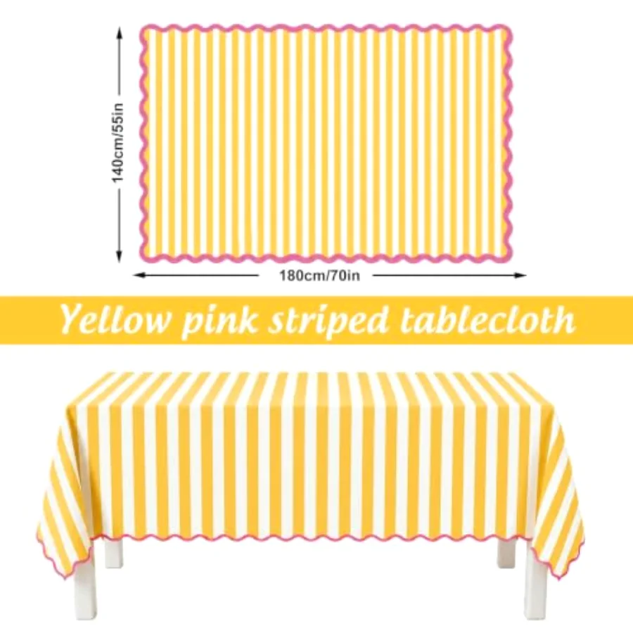 Scalloped Tablecloth, Yellow White Stripe & Pink Edge, view 2