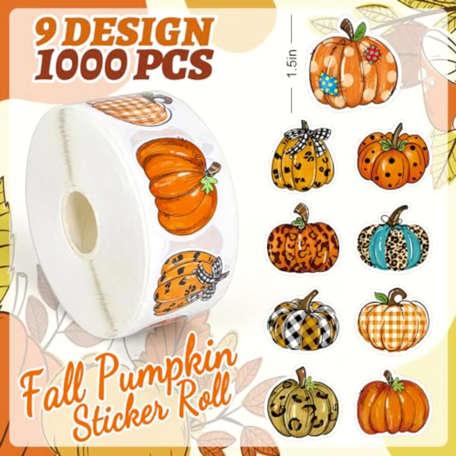 1000Pcs Fall Pumpkin Stickers Roll Autumn Hand-Painted Pumpkin Paper, view 2