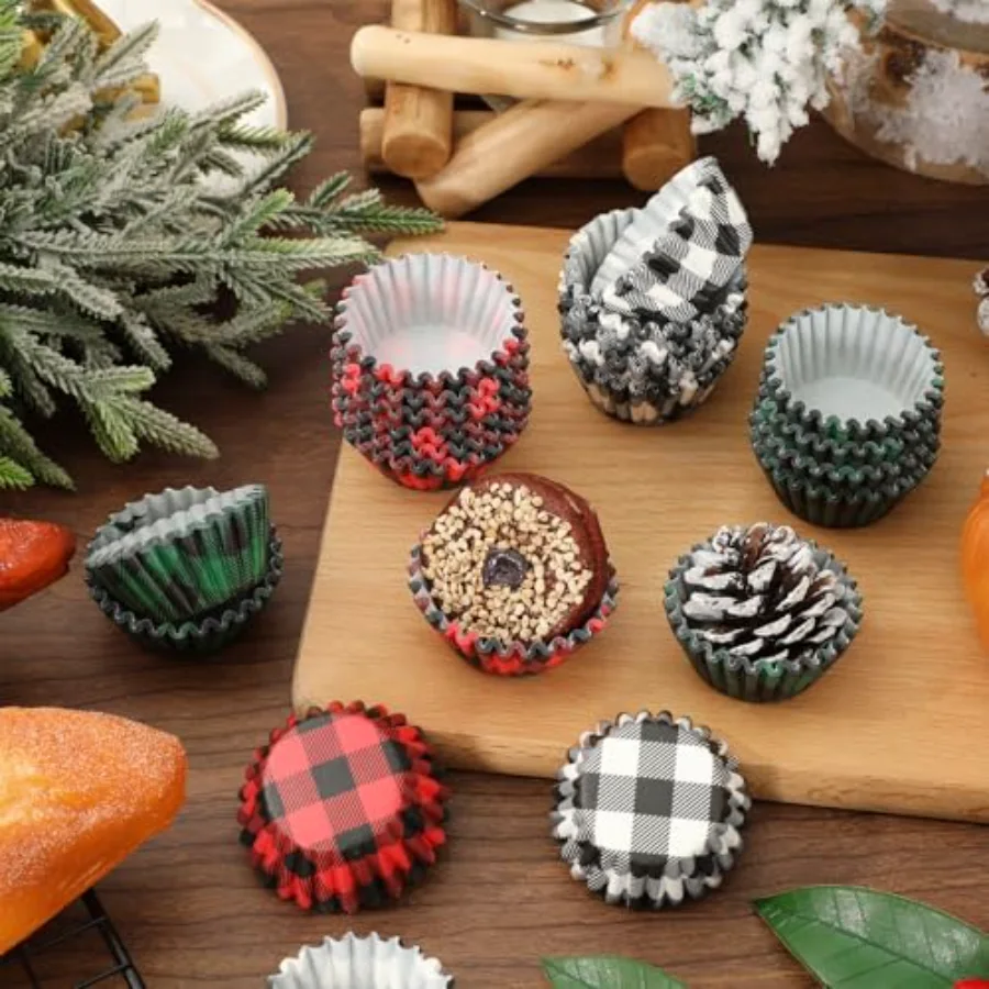 600Pcs Christmas Cupcake Wrappers 3 Colors Buffalo Plaid Cupcake Liners, view 4