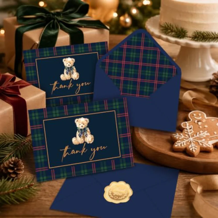 24Pcs Tartan Bear Thank You Cards with Envelope Stickers Vintage Red Blue, view 4