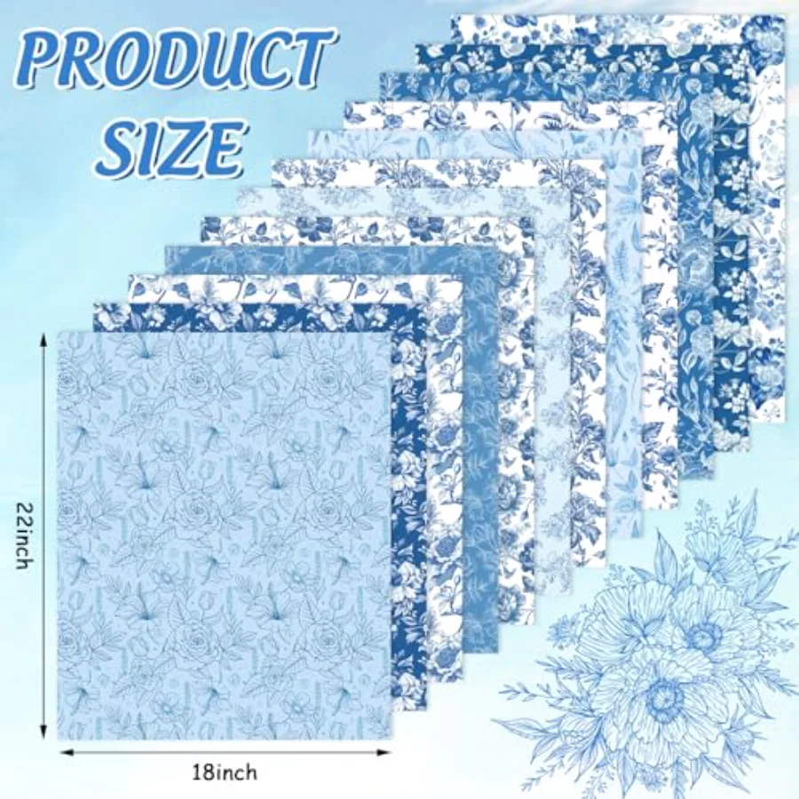 12 Pcs Vintage Floral Cotton Fabric Bundles Blue White Flower Fat Quarters, view 2