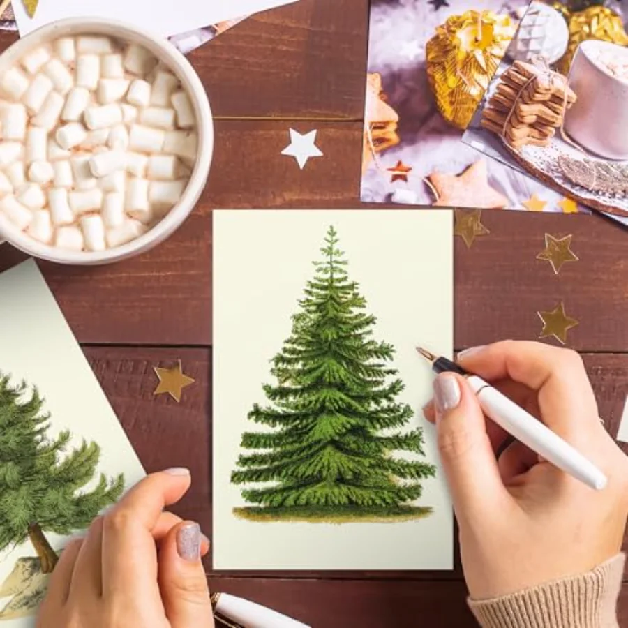 36Pcs Christmas Postcard Vintage Xmas Tree Post Card 6 Designs Green Beige, view 4