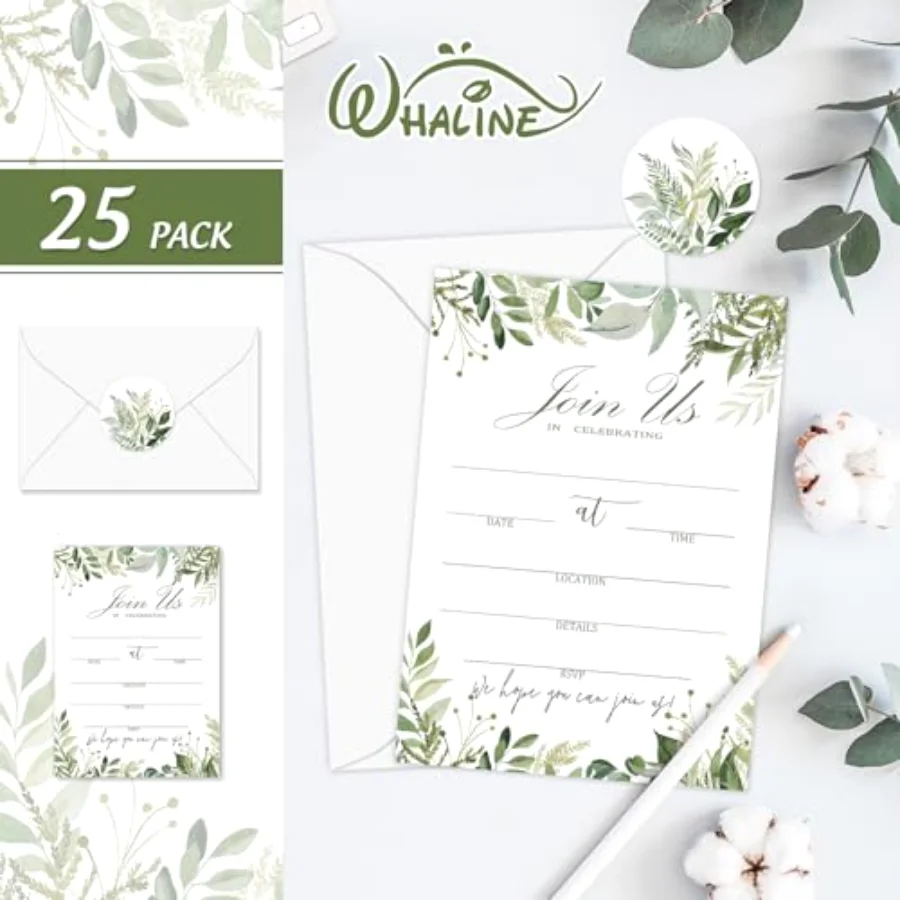 25 Sets Greenery Invitations with Envelopes Stickers Watercolor Green, view 3