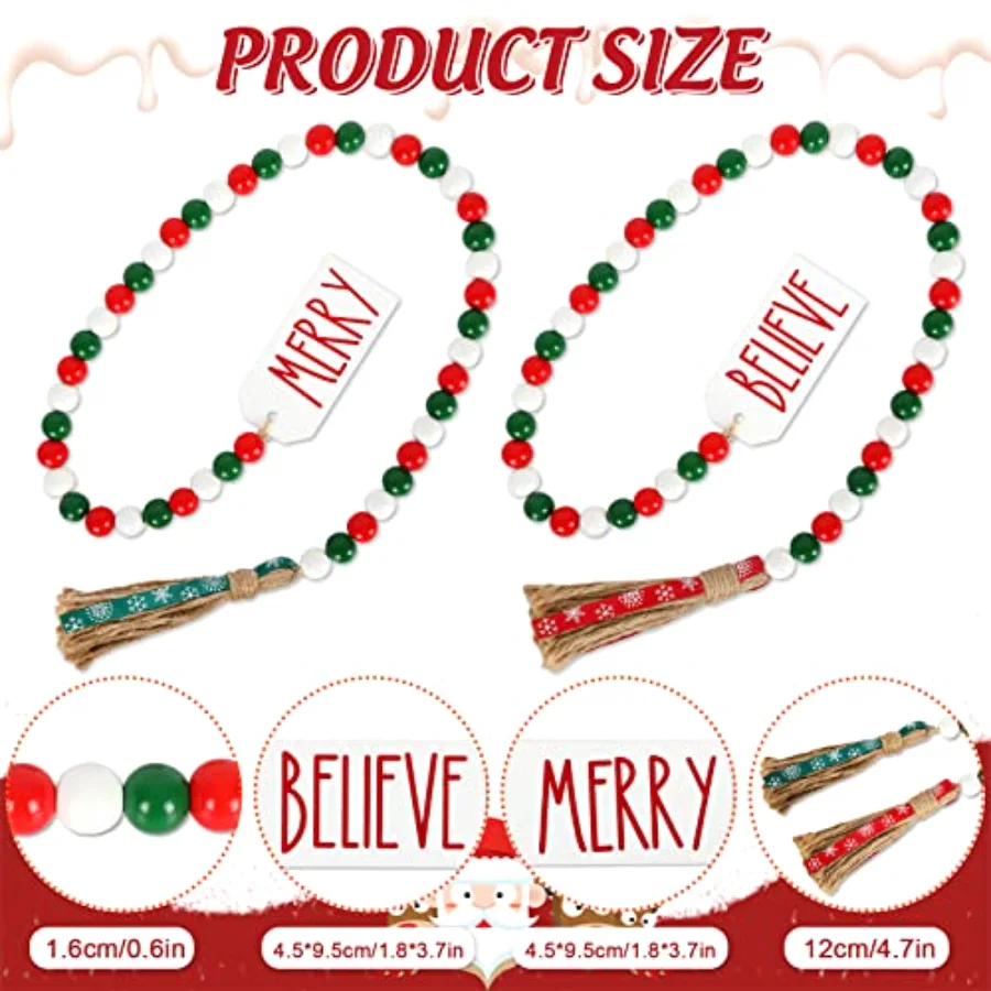 2Pcs Christmas Wooden Bead Garlands Red Green White Wood Beads with Merry, view 2